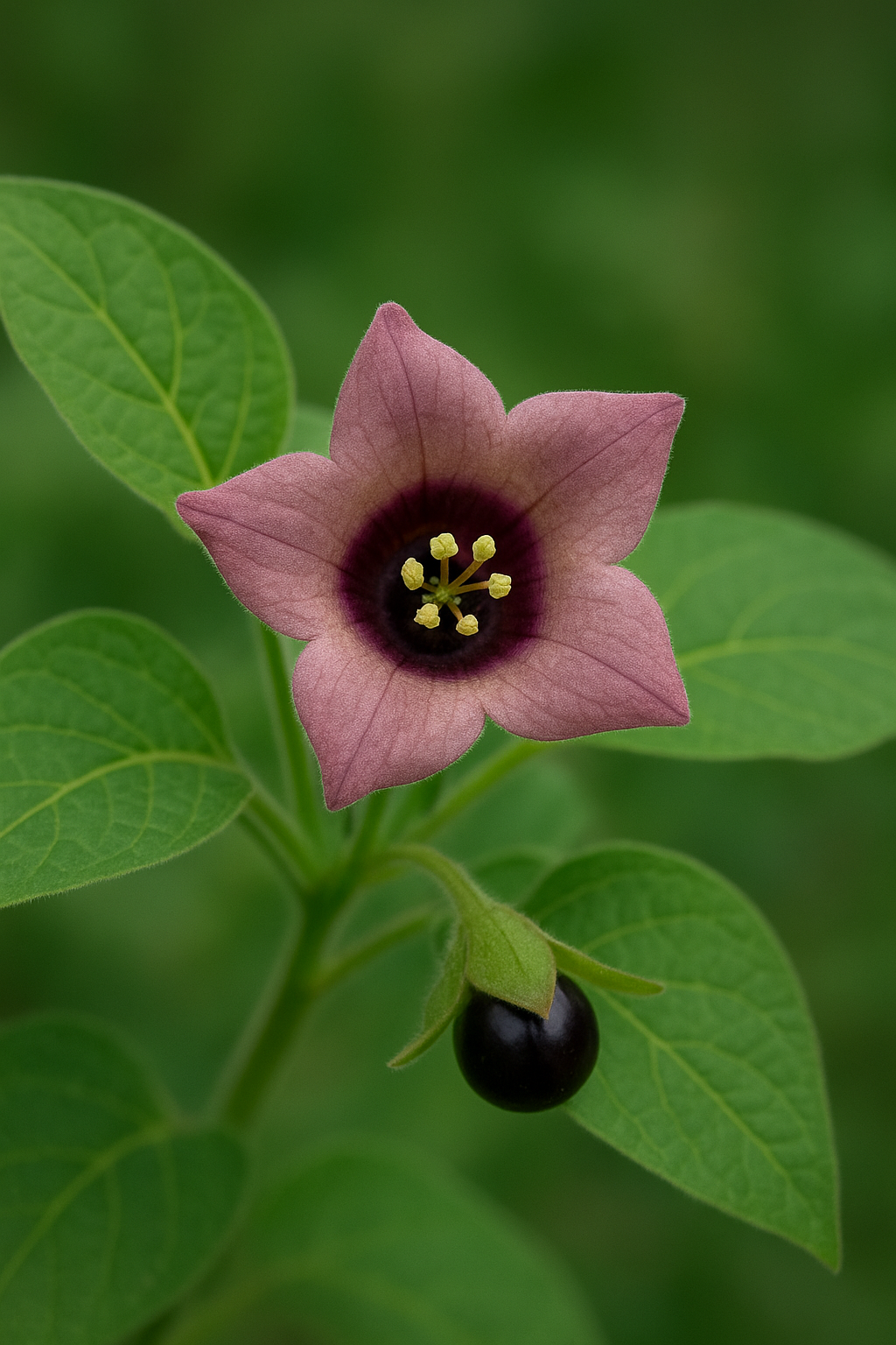 Primer plano de una flor de Belladona (Atropa belladonna) en forma de estrella, con pétalos púrpuras y venas oscuras. En el centro hay estambres amarillos y una zona púrpura oscura. Debajo de la flor se observa una baya negra brillante y hojas verdes, con fondo desenfocado en verde.