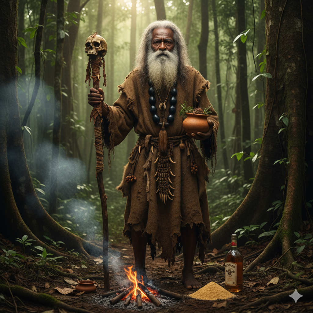 Un anciano de piel oscura, figura imponente en el corazón de un bosque ancestral. Su cabello blanco cae sobre un rostro marcado por el tiempo, y una barba espesa cubre su pecho. Viste una túnica tosca adornada con huesos y dientes, un collar de cuentas oscuras alrededor de su cuello.  Empuña un bastón nudoso coronado con un cráneo humano, y sostiene una vasija de barro llena de hierbas. Sus pies descalzos tocan la tierra cubierta de hojas y raíces.