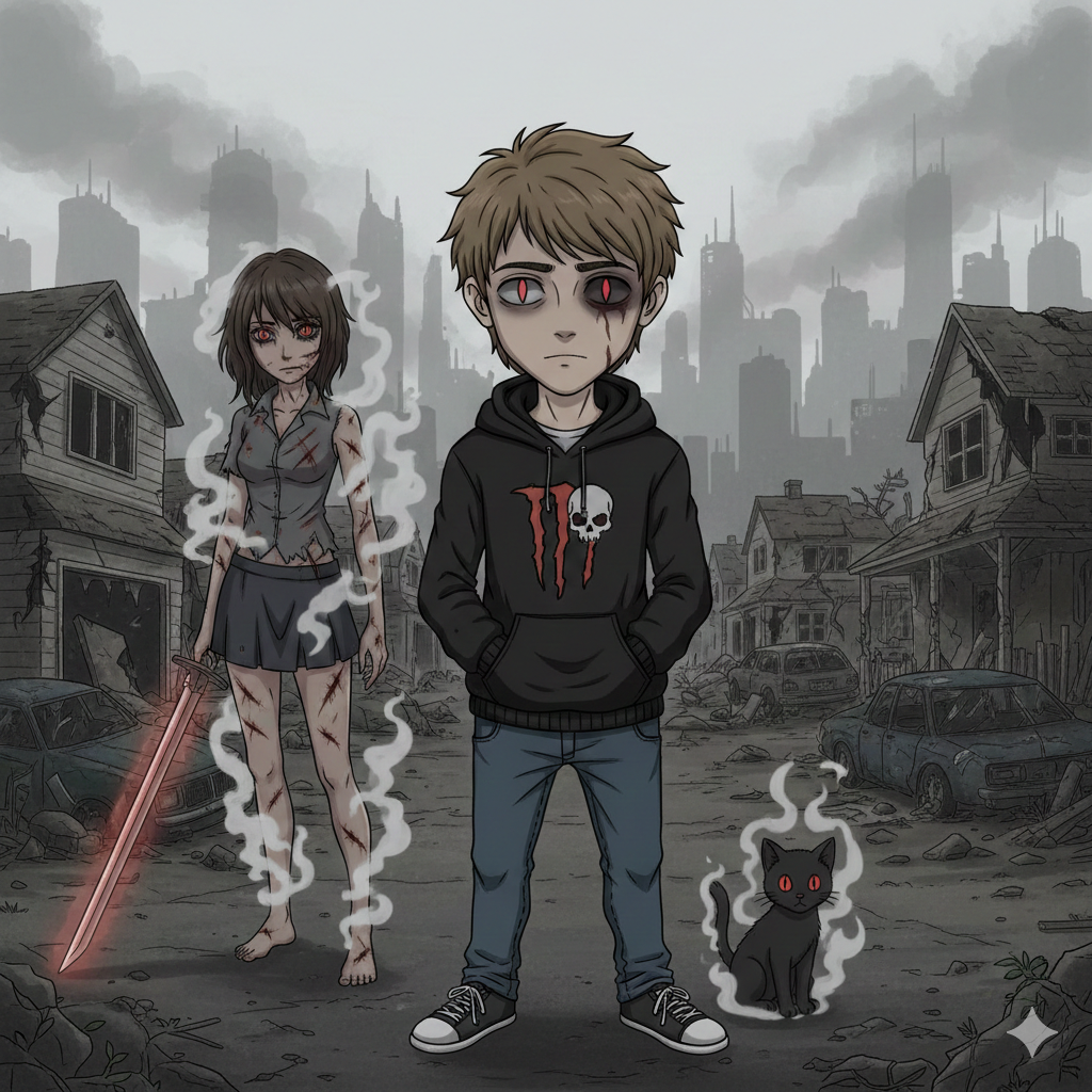 En una ciudad en ruinas, un hombre y una mujer de estilo caricatura llaman la atención. Él viste una sudadera oscura con un diseño de calavera, vaqueros y zapatillas; ella, una camisa gris y falda oscura, portando una espada roja. Ambos tienen heridas y emiten humo. Un gato negro de ojos rojos se sienta cerca. El entorno es desolador, con edificios dañados y escombros por todas partes.