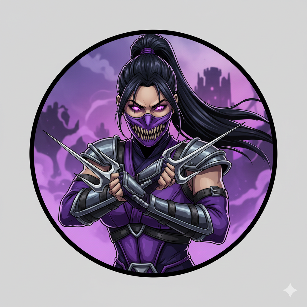 Ilustración estilo cómic de una guerrera tipo ninja en tonos morados dentro de un círculo con borde negro. Tiene el pelo negro largo recogido en una coleta alta, ojos brillantes morados y una máscara morada que muestra una boca con dientes afilados dibujados. Lleva armadura y ropa morada con protecciones grises en hombros y antebrazos, y sostiene dos cuchillas metálicas en forma de tridente corto cruzadas delante del pecho. El fondo es morado con humo o niebla y la silueta de un castillo o torre
