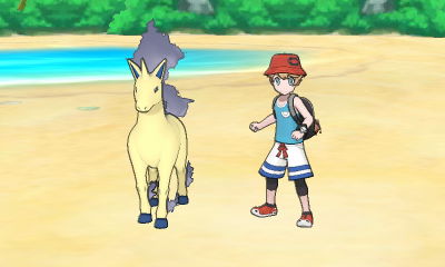 Toma de las coloridas y paradisíacas playas tropicales de la región de Alola en el mundo pokémon. En el centro, Un entrenador pokémon junto a su Rapidash posan para la foto de manera casual y amigable.
